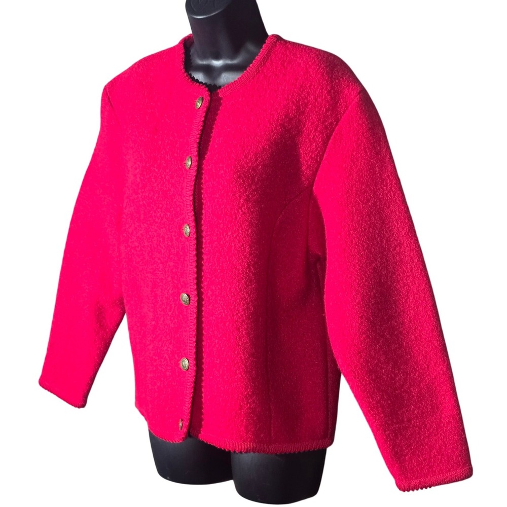 VTG Tally-Ho Red 100% Boiled Wool Cardigan Jacket Small‎ Brass Button Scallop